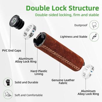 Preview: ROCKBROS | Leder Fahrradgriffe – Anti-Rutsch Handgriffe mit Doppel-Lock für Lenker 22.2mm