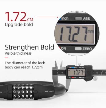 Preview: ROCKBROS | Fahrradschloss RKS502-BK – E-Bike Fünfziffern-Zahlenschloss, Rundschloss, PVC-beschichtet