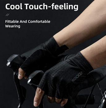 Preview: S221BK ROCKBROS Fahrrad Halbfingerhandschuhe Sonnenschutz Sommer Stoßdämpfend Handschuhe Fingerlos Sporthandschuhe für MTB Rennrad Ice Silk Schwarz