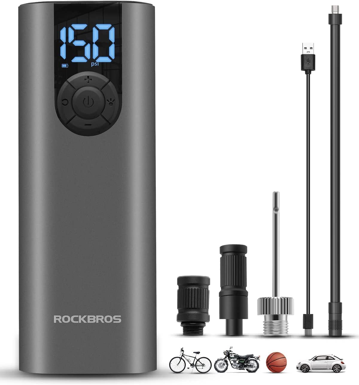 ROCKBROS - ROCKBROS | Elektrische Luftpumpe 150 PSI  Wiederaufladbare  Tragbare Pumpe mit 2600mAh Akku und LED Drucksensor fr Fahrrad, Auto,  Motorrad & Ball