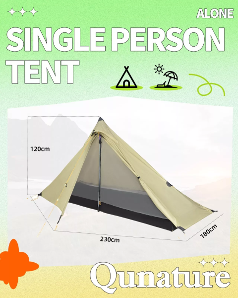 Qunature | Trekkingzelt – Ultraleichtes 1-Mann Campingzelt, wasserdicht, 230 x 180 cm