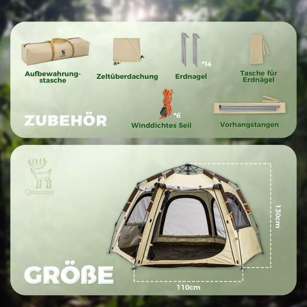 Qunature | Pop-Up Campingzelt – Wasserdichtes Kuppelzelt für 2-4 Personen, schnell aufbaubar