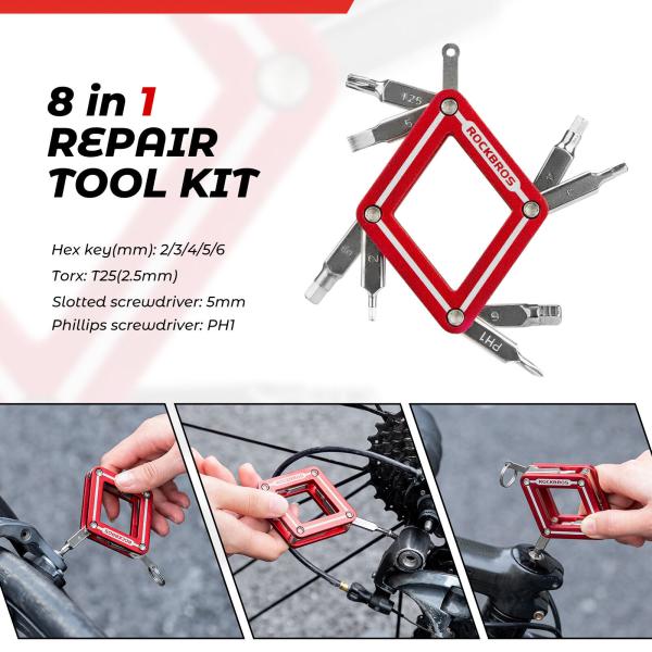 ROCKBROS | 8-in-1 Fahrrad-Multifunktionswerkzeug – Klappwerkzeug für schnelle Reparaturen, Kompakt und Vielseitig (Rot, Blau)