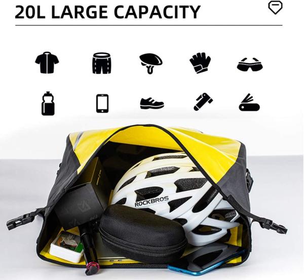 ROCKBROS | Gepäckträgertasche – 100% wasserdichte Fahrradtasche mit Schultergurt, 20L, für Hinterrad, in Gelb/Schwarz/Gold