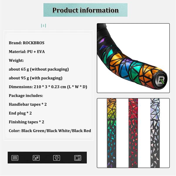 ROCKBROS | Fahrrad Lenkerbänder – 2 Rollen für MTB und Rennrad aus PU + EVA, Rutschfest und Stoßdämpfend, 210 x 3 cm mit Abschlussbändern und Endstopfen